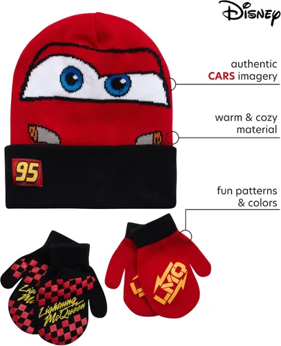 Vista 2 de Disney Cars Lightning McQueen Winter Hat 2 Pair Mittens or Gloves ToddlerLittle Boys