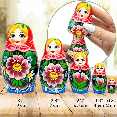 Vista 3 de AEVVV Juego de 5 muñecas nido rusas tradicionales - Muñecas de anidación Babushka hechas a mano con flores - Muñeca Matryoshka con decoraciones