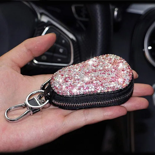 Vista 2 de Funda para llave de coche, multifuncional, con cierre y mosquetón, piel con brillantes, color rosa