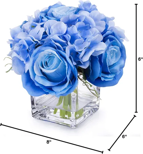 Vista 4 de Arreglos de flores artificiales de seda de rosas y hortensias en jarrón de cristal para decoración del hogar y boda (azul)