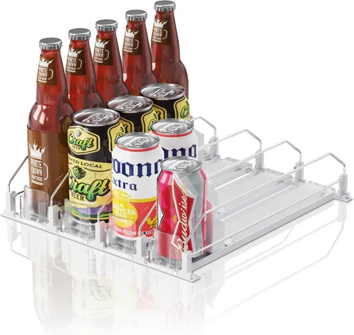 Vista 12 de Organizador de Bebidas para Refrigerador, 12oz 16oz 20oz - Dispensador de Latas de Refresco para Refrigerador, Ancho Ajustable, Deslizador Negro