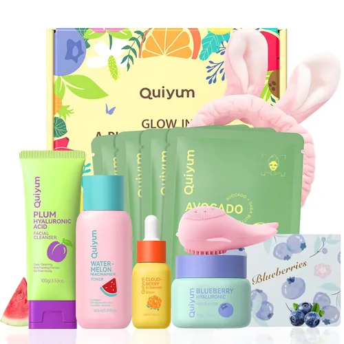 Vista 12 de QUIYUM Juego de Cuidado de la Piel de Frutas, 5 Productos de Rutina Diaria de Belleza y Cuidado de la Piel para Adolescentes - Juegos de Regalo
