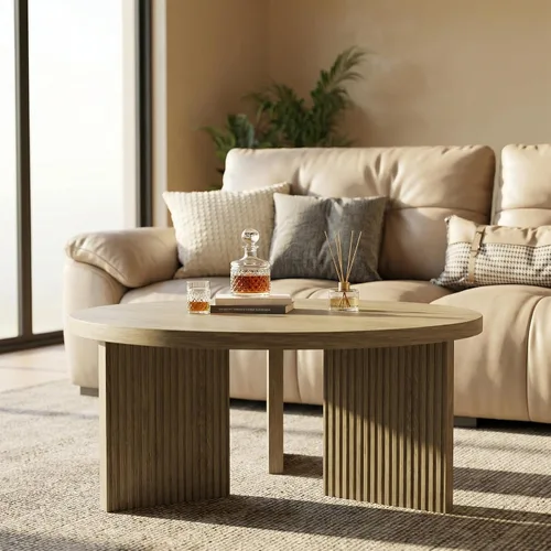 Vista 15 de Mesa de centro redonda de madera, mesa de centro de 35 pulgadas con mesa gruesa y lisa, mesa central de círculo bajo con patas estables