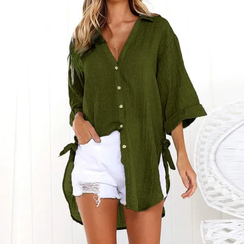 Vista 2 de Camisas largas sueltas de algodón con botones para mujer, blusa casual