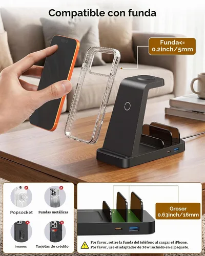 Vista 4 de Cargador inalámbrico para iPhone - Estación de carga 5 en 1 para múltiples dispositivos Apple: Soporte de carga rápida inalámbrica para iPhone 17