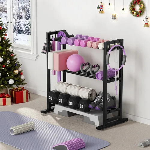Vista 8 de niffgaff Estante Ajustable de 3 Niveles para Mancuernas con Ganchos, Base Extendida para Almacenamiento de Pesos para Gimnasio en Casa – Soporta