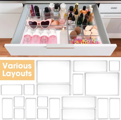 Vista 4 de Teenyyou - Organizador de cajones apilables de 4 tamaños, bandejas de acrílico para almacenamiento de cosméticos, joyas, suministros de oficina