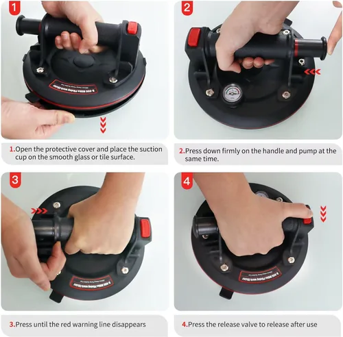 Vista 3 de Ventosas resistentes de 8 pulgadas para vidrio, paquete de 2 con capacidad de carga de 600 libras, herramienta elevadora de vidrio resistente