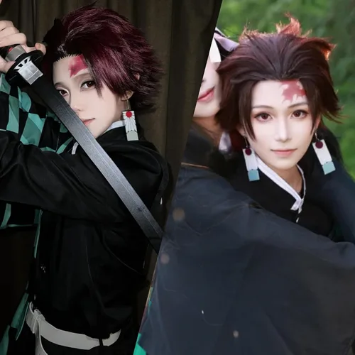 Vista 2 de Kahopy Conjunto de disfraz de cosplay de anime con peluca y aretes, uniforme para Halloween (verde, pequeño)