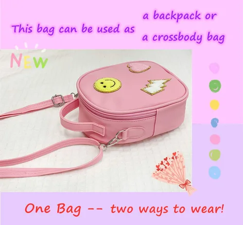 Vista 4 de Bolsa cruzada con parche de arcoíris y cara feliz para niñas, bolso cruzado pequeño para niñas pequeñas, bolso pequeño para teléfono, Rosado