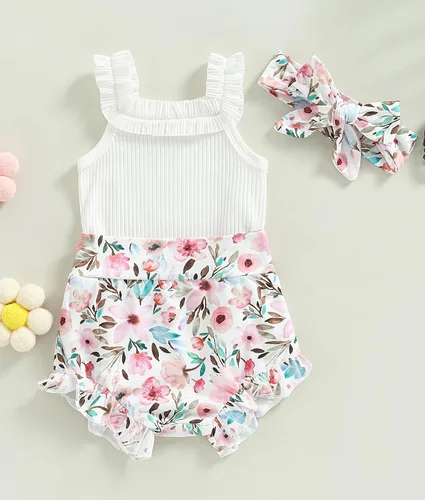 Vista 2 de Conjunto de ropa de verano para bebé recién nacida, conjunto de ropa de verano con estampado floral, mameluco con cordón y diadema corta
