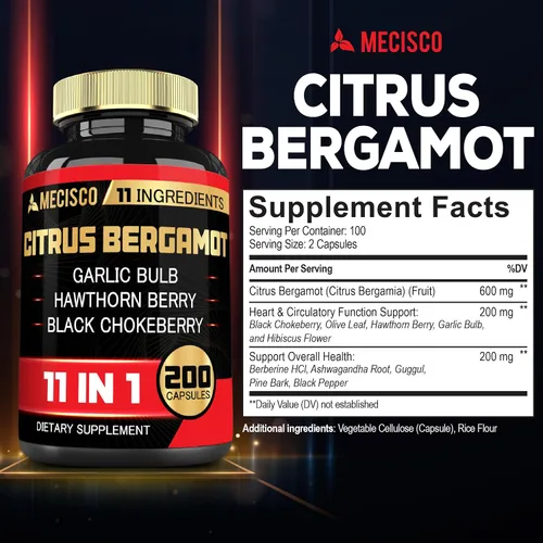 Vista 2 de Mecisco Suplemento de bergamota cítrica 11 en 1 de 1000 mg con hoja de olivo, baya de espino, guggul, ajo y más, apoya la inmunidad, el sistema