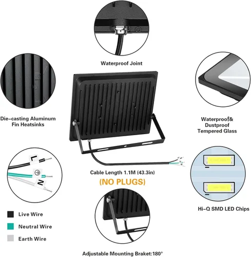 Vista 4 de Paquete de 2 focos LED de 100 W para exteriores, luces de seguridad superbrillantes de 8000 lúmenes, equivalente a 550 W, impermeable IP66, blanco