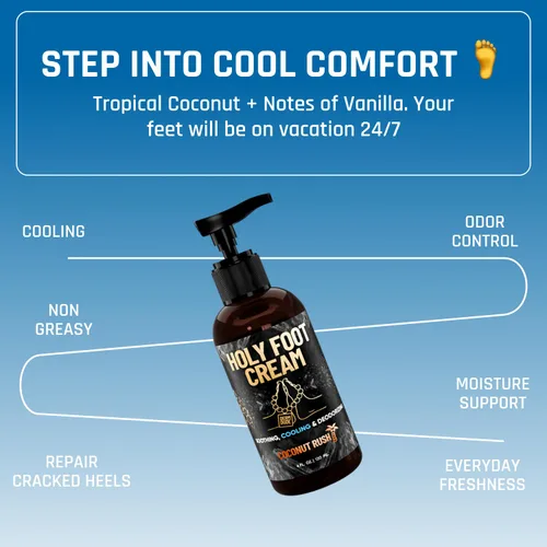 Vista 4 de Derm Dude Holy Foot Cream Crema hidratante diaria para pies con DeoPlex para frescura y arrurruz para una hidratación ligera Aroma de coco Rush