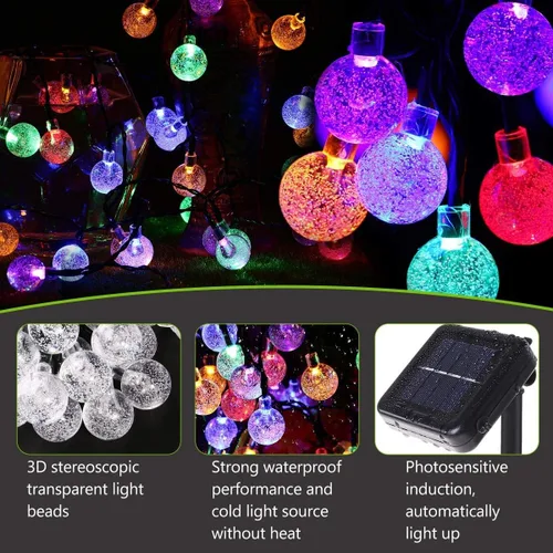 Vista 3 de Tira de luces solares con forma de globo, 31 pies, 50 luces LED para exteriores, impermeables, 8 modos, luces solares de patio para césped, jardín