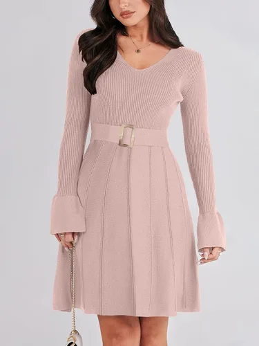 Vista 2 de ANRABESS Vestido tipo suéter de manga larga con cuello en V y lazo en la cintura, plisado, acampanado, elegante, de punto acanalado, vestido midi