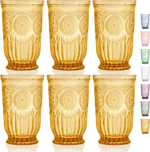 Vista 22 de Juego de vasos de beber ámbar Yungala, conjunto de 6 vasos de vidrio ámbar, vasos pequeños de agua de 8 oz, vasos de hobnail aptos