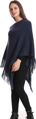 Vista 4 de Poncho para mujer, cuello en V, suéter de punto, chales, capas con flecos, regalos para mujeres y madres
