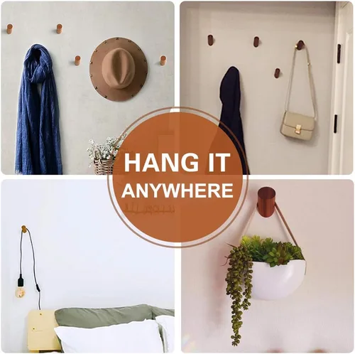 Vista 5 de Felidio Ganchos de pared de madera, paquete de 4 ganchos para colgar abrigos de pared, de madera rústica, resistente, perchero para sombreros