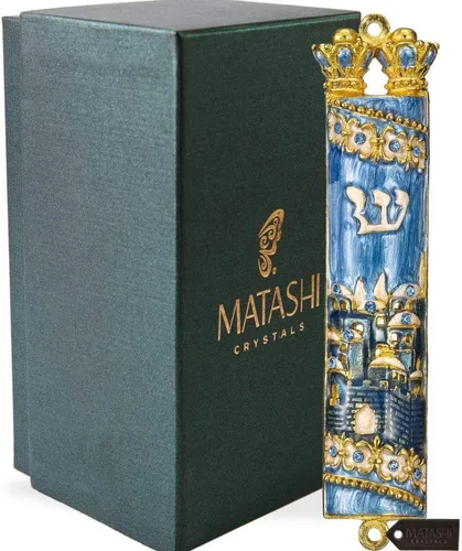 Vista 10 de Matashi Mezuzah para puerta con pergamino, pintado a mano esmalte azul Arca de Noé Mezuzah caso con jirafas, elefante y espinilla hebrea, decoración