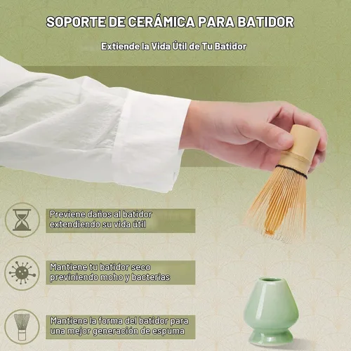 Vista 4 de Batidor y cuenco de matcha con soporte de batidor de cerámica, tamiz de matcha, cuchara y cuchara de matcha hecho a mano de bambú natural, kit
