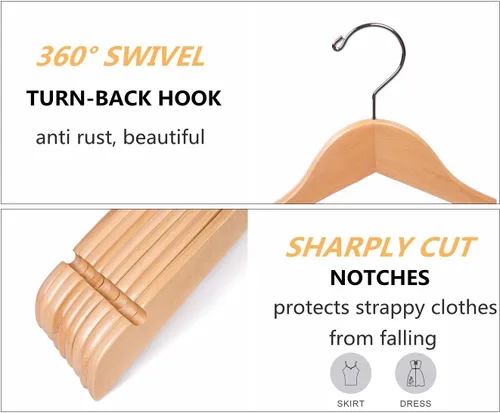 Vista 3 de Amber Home Paquete de 10 perchas de madera natural para camisas, perchas de madera de primera calidad sin barra, perchas para ropa para chaquetas