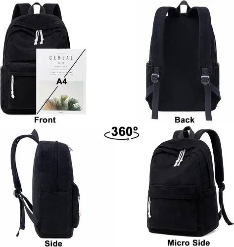 Vista 8 de Bluboon Mochila para niñas escolares y niñas, bonita mochila de pana para niños, mochila para laptop, regalos para mujeres, Negro (Corduroy Black)