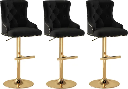 Vista 20 de Juego de 2 taburetes de bar de terciopelo, altura ajustable, base de metal dorado, beige Diseño de cabeza de clavo, función giratoria, ideal
