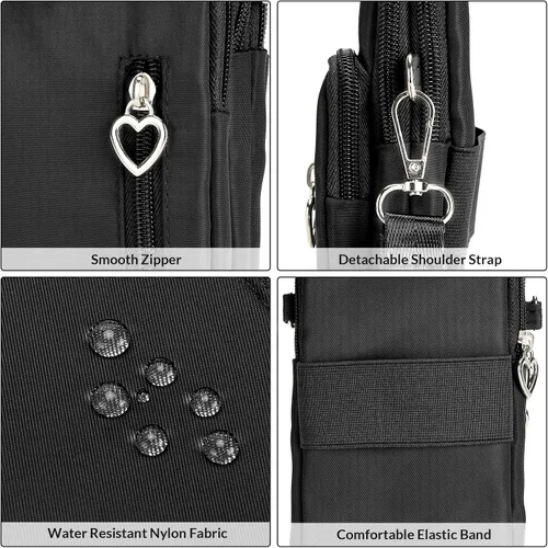 Vista 7 de Bolso cruzado de nailon para mujer para viaje, bolso de hombro para teléfono celular con pulsera, brazalete deportivo, cartera para teléfono Negro
