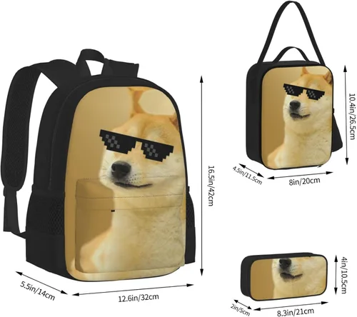 Vista 2 de Juego de mochila unisex de 3 piezas con bolsa de libros + estuche + lonchera combinada (compatible con divertidos lentes de sol Doge Thug Life)
