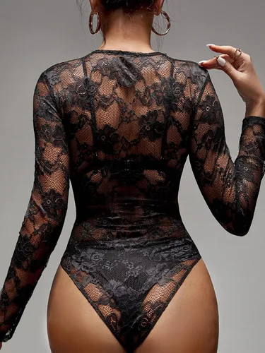 Vista 2 de Romwe Body de manga larga transparente con encaje floral para mujer