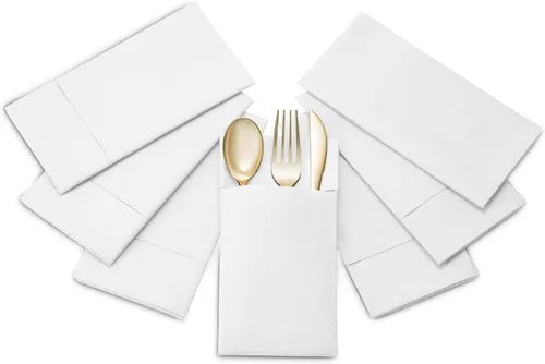 Vista 5 de Paquete de 50 servilletas desechables de lino con bolsillo integrado para cubiertos, tela preplegada blanca como servilletas de papel para cenas