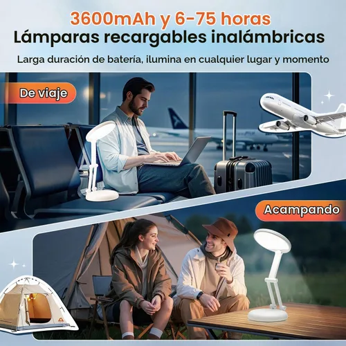 Vista 4 de Lámpara recargable inalámbrica con pilas, 3600 mAh, lámpara de mesa LED inalámbrica de 10 brillo, pequeña mini luz portátil con pilas para oficina