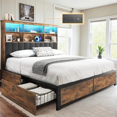 Vista 8 de HISOFT Base de cama Queen con cabecera de almacenamiento, cama de madera con estantería de alto almacenamiento, se envía en 2 cajones, 4 cajones