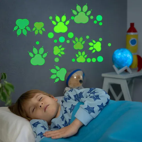 Vista 5 de Calcomanías con estampado de patas que brillan en la oscuridad, 128 calcomanías de pared luminosas y coloridas para dormitorio de niños, guardería