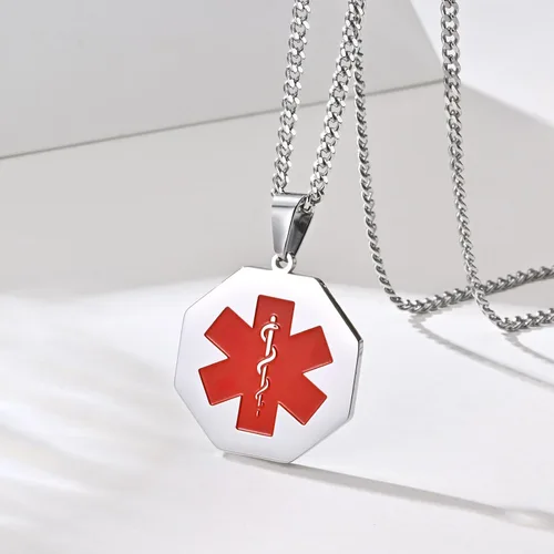 Vista 49 de VNOX Collar con colgante personalizado de acero inoxidable con grabado personalizado para identificación de alerta médica de emergencia para hombres