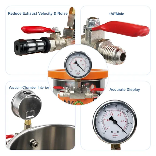 Vista 5 de BACOENG Cámara de vacío de acero inoxidable de 1.5 galones con tapa de vidrio templado perfecta para estabilizar madera, desgasificar siliconas