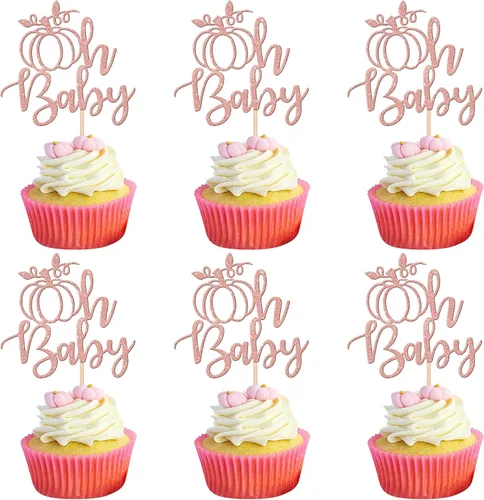Vista 17 de 24 piezas de decoración de calabaza para cupcakes con purpurina temática de otoño, decoración de pasteles con temática de calabaza, cumpleaños