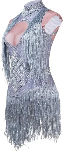 Vista 3 de YUANTONG Traje de drag queen brillante con diamantes de imitación plateados, talla única, elástico, trajes de baile de salsa latina de jazz latino
