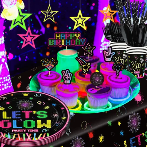 Vista 8 de 238 piezas de suministros de fiesta de neón que brillan en la oscuridad, decoraciones de fiesta de luz negra, juego de vajilla para fiesta, platos