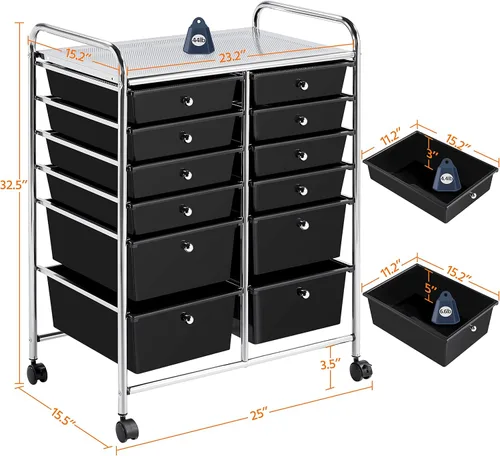 Vista 3 de Topeakmart Organizador de carrito con ruedas de 12 cajones, cajones de almacenamiento de plástico, carrito utilitario, 360 ruedas, color negro