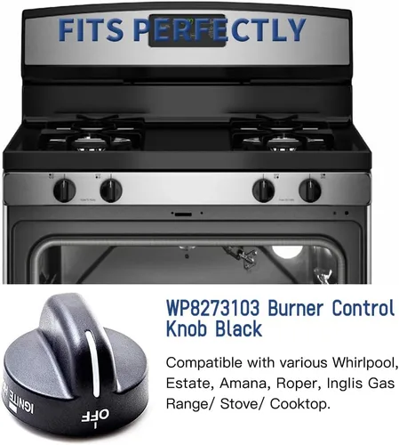 Vista 2 de 4 piezas 8273103 pomo de quemador de gas negro pieza de repuesto para estufa Whirlpool, reemplaza AP6012363, 8273107, 8273111, ER8273103,