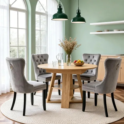 Vista 13 de Juego de 4 mesas de comedor redondas de 5 piezas para 4, 43.3 a 59 pulgadas, extensibles, redondas a ovaladas, juego de 4, mesas de comedor de Mesa