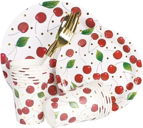 Vista 2 de Geeklife Vasos de papel de cereza dorada, 9 onzas de papel de cerezas, frutas y cerezas, desechables, vasos de papel decorativos a granel, 40