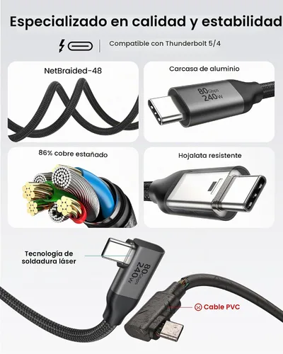 Vista 5 de Silkland Cable USB 4 de ángulo recto de 80Gbps para Thunderbolt 5, 1FT, ancho de banda de 120Gbps para 16K/Doble 8K, 240W, cable de video USB C