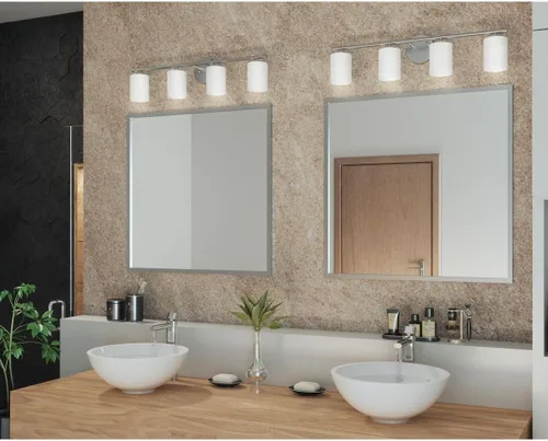 Vista 9 de Progress Lighting Lámpara moderna de tocador de baño de cristal blanco grabado con 4 luces, colección Replay, níquel cepillado (P2160-09)