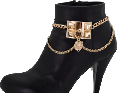 Vista 2 de Pulsera para botas occidentales de metal dorado para mujer, cadena para el tobillo, con forma de león y ondas laterales, Metal, Sin gemas.