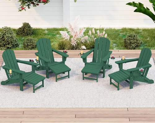 Vista 19 de KINGYES Silla Adirondack plegable ajustable con otomana y 2 portavasos, silla reclinable Adirondack HDPE con reposapiés, Aruba