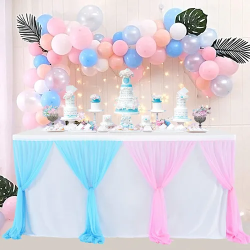 Vista 3 de Besutolife Faldas de mesa de tul rosa y azul para revelación de género, falda de mesa tutú para baby shower, para niñas y niños, fiesta