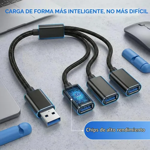 Vista 3 de Divisor USB de 1 entrada y 3 salidas, adaptador divisor USB A, USB 2.0 actualizado 2026 macho a 3 hembras, cable concentrador de extensión Y